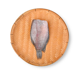 The Sun dried fish, SnakeSkin Gourami Fish in threshing basket on white background. Top view