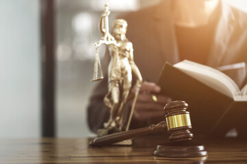 Lawyers read law books with a statue next to it, focus at brown wooden gavel.