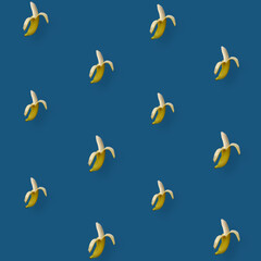 Colorful fruit pattern of yellow bananas on blue background. Top view. Flat lay. Pop art design