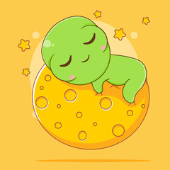 Cute alien cartoon character sleeping on the moon