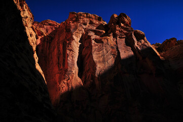 Sunrise on the sandstone walls of Capitol Gorge, Capitol Reef National Park, Utah, Southwest USA