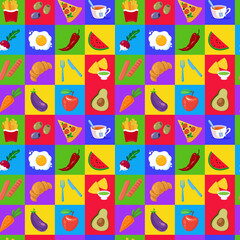 Seamless colorful pattern with different breakfast food. Fried eggs, avocado, tea, pizza, coffee, croissant. Vector illustration. Print for textiles, print design, postcards.