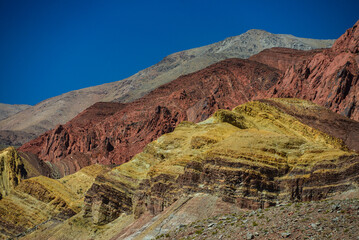 Multi-colored geological layers on the way from Fiambalá to the Paso San Francisco mountain pass, Catamarca province, Argentina