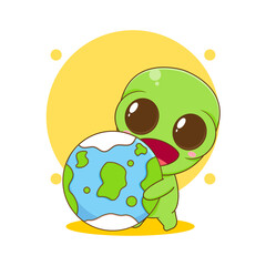 Cute alien cartoon character with the earth