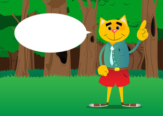 Funny cartoon cat saying no with his finger. Vector illustration. Cute orange, yellow haired young kitten.