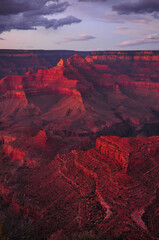 Crimson twilight from Shoshone Point overlook on the South Rim of the Grand Canyon National Park,...