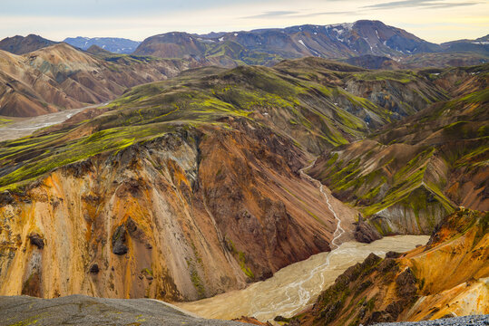The rugged volcanic valleys and mountains of Landmannalaugar seen from near the summit of Bláhnjúkur volcano, Fjallabak Nature Reserve, Iceland © Pedro