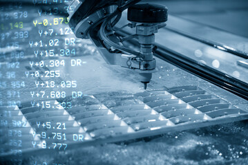 The abstract scene of multi-axis waterjet cutting machine with NC code data background.