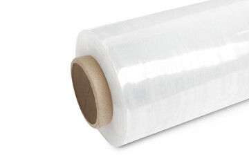 Roll of plastic stretch wrap film isolated on white, closeup