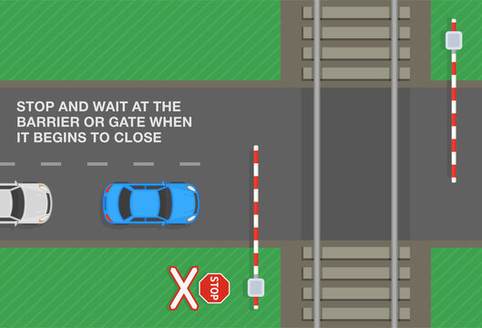 Safety driving rules and tips. Stop and wait at the level crossing barrier or gate when it begins to close. Top view of a city road. Flat vector illustration template.