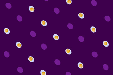 Colorful pattern of chicken eggs on violet background. Top view. Flat lay. Pop art design