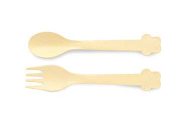 Plastic cutlery on white background, top view. Serving baby food