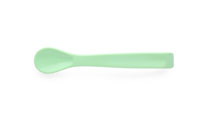 Plastic spoon isolated on white, top view. Serving baby food