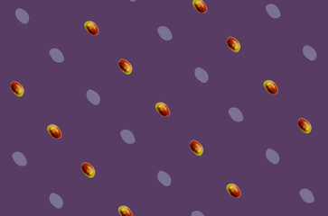 Colorful fruit pattern of fresh mango on violet background. Top view. Flat lay. Pop art design
