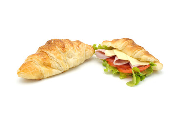Ham cheese croissant and plain croissant on white background.