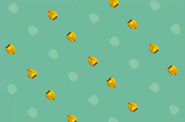 Colorful fruit pattern of fresh persimmons on green background. Top view. Flat lay. Pop art design