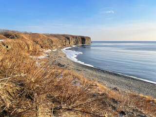 Cape Vyatlin on Russian Island in Vladivostok in winter. Russia