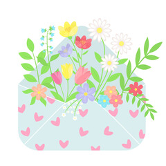 Bouquet of spring flowers in an envelope. Flower mail. Spring mood. Vector illustration.