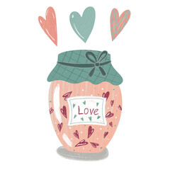 Illustration of jar with hearts. For St. Valentine's Day cards, postcards, invitations, prints