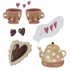 Collection of hand drawn elements for St. Valentine's Day. Teapot, cups, cookies and hearts illustrations isolated on white backdrop. 