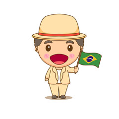 Brazilian in national dress with a flag. A boy in traditional costume. Chibi cartoon character