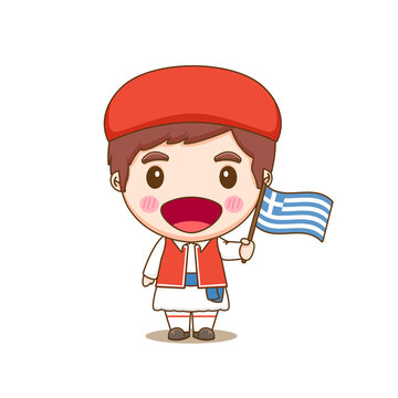 Greek In National Dress With A Flag. A Boy In Traditional Costume. Chibi Cartoon Character