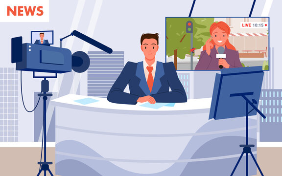 Cartoon scene with live interview of woman journalist holding microphone on screen, presenter sitting at table on stage. Journalism, television concept. TV breaking news in studio vector illustration