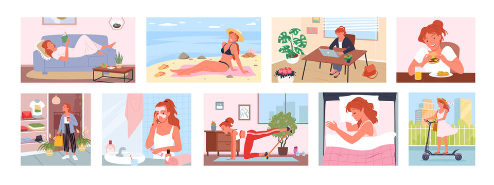 Cartoon young woman working at laptop, doing sports exercises at home and shopping in stores, eating fast food, lifestyle background collection. Daily routine of cute girl set vector illustration