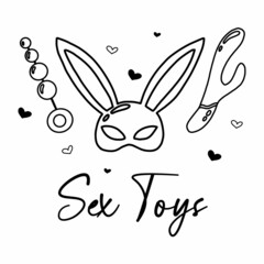 Obraz premium Vector illustration of vibrator, anal beads and mask. Poster for sex shop. Toys for adults. Doodle style. Sex toys.