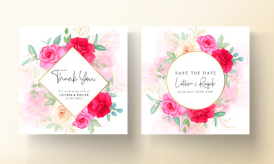 wedding invitation template with beautiful romantic roses set