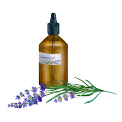 Essential lavender oil in glass bottle with pipette in watercolor illustration