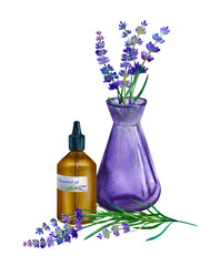Essential oil of lavender in bottle with pipette in watercolor illustration