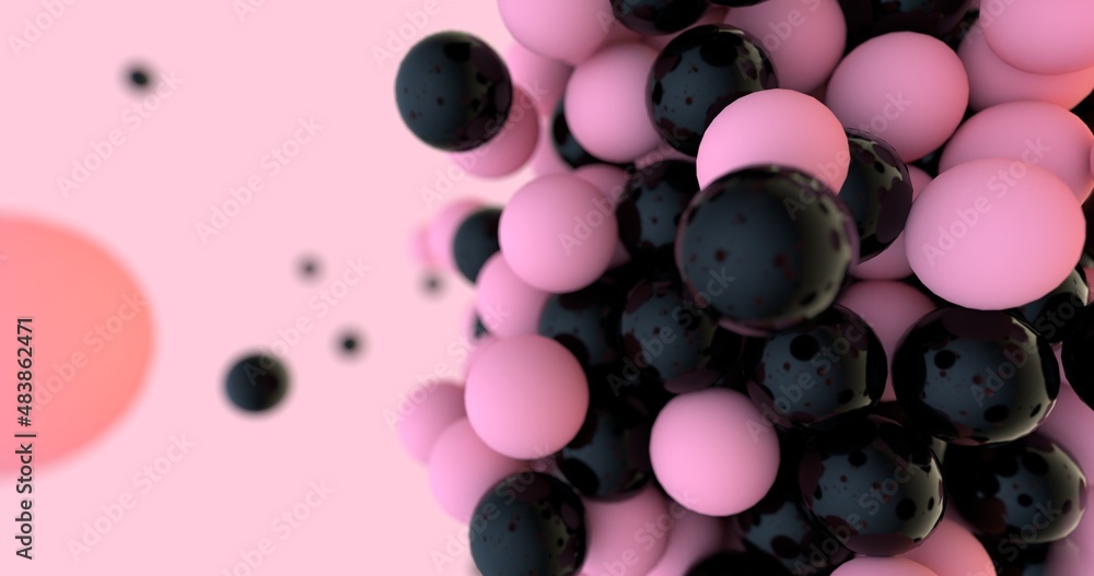 Poster dynamic dual pink color bouncing particle balls background wallpaper, copy space motion image. group