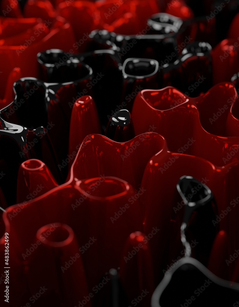 Poster red and black colorful abstract forms background wallpaper. layout design template. 3d render illust