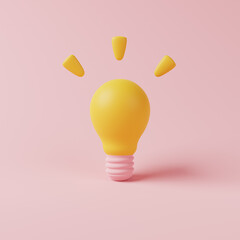 3d render yellow ligth bulb in trendy cartoon style on pink background. Invention symbol, concept strategy, business, idea, solution, thinking
