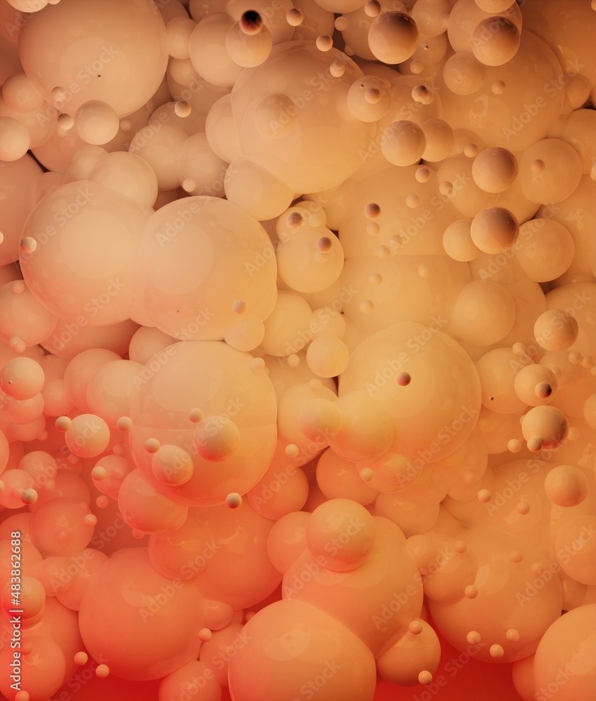 Poster abstract background rendering with dynamic orange colorful glossy 3d spheres. modern plastic pastel 