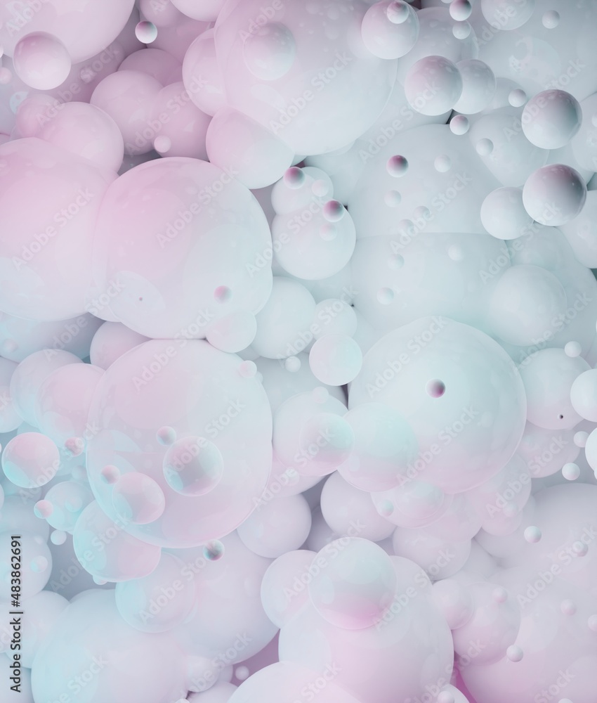 Poster abstract background rendering with dynamic pink and blue colorful glossy 3d spheres. modern plastic 
