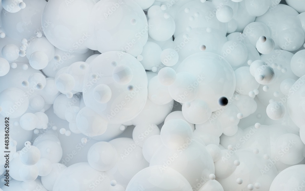 Poster abstract background rendering with dynamic white colorful glossy 3d spheres. modern plastic pastel b
