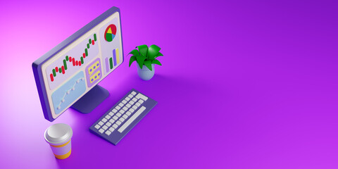 Business analytics. Computer business software. Computer with multi-colored charts on screen. CRM interface in monitor. CRM company monitoring. Customer Relationship Management System. 3d rendering.