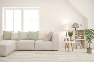 Soft color living room with sofa. Scandinavian interior design. 3D illustration