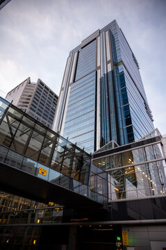 Calgary, Alberta - January 30, 2022: View of modern office towers in urban Calgary in winter.
