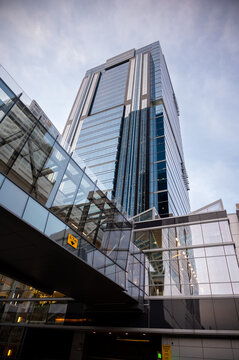 Calgary, Alberta - January 30, 2022: View of modern office towers in urban Calgary in winter.
