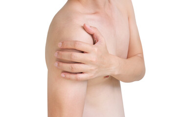 Fototapeta premium men have neck pain, shoulder pain in the room. health concept.