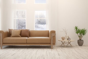 White living room with sofa. Scandinavian interior design. 3D illustration