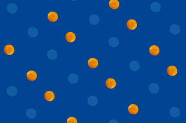 Colorful fruit pattern of fresh orange on blue background. Top view. Flat lay. Pop art design