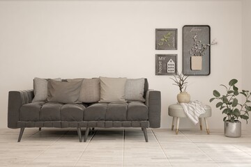 Stylish room in white color with sofa. Scandinavian interior design. 3D illustration