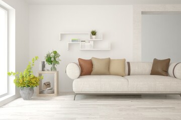 Modern living room in white color with sofa. Scandinavian interior design. 3D illustration