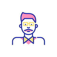 Indian man with a moustache, wearing glasses and shirt. Young professional or student profile avatar icon. Pixel perfect, editable stroke, fun color