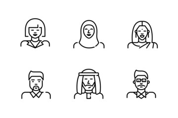 Line art avatar icons. Asian people including Chinese, Korean, Indian and Arab men and women. Pixel perfect, editable stroke