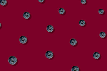 Colorful fruit pattern of fresh blueberries on red background. Top view. Flat lay. Pop art design